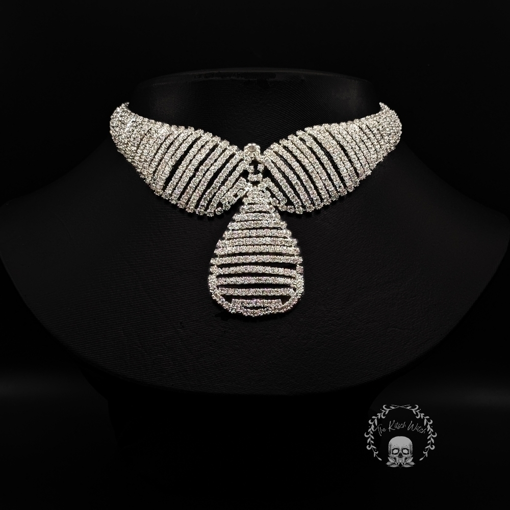 Large Teardrop Crystal Rhinestone Necklace - Wedding Bridal Prom Costume Bling - Picture 2 of 5